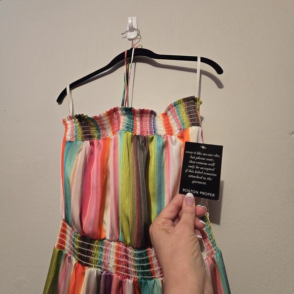 Boston Proper NWT Rainbow Stripe Maxi Dress Womens SM Tie Neck Colorful Boho - Picture 4 of 16
